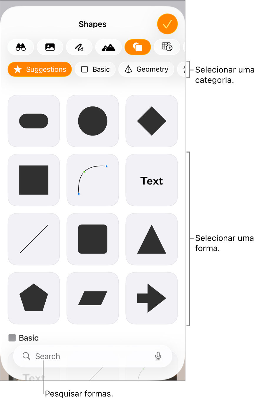 A biblioteca de formas, com as categorias exibidas na parte superior e as formas na parte inferior. É possível usar o botão de pesquisa na parte superior para encontrar formas e passar o dedo para ver mais.