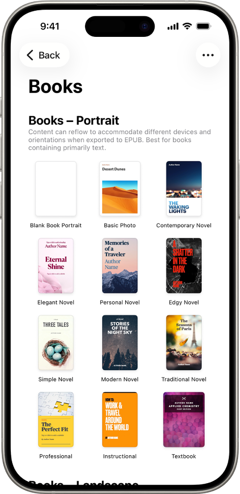 A lista de modelos com os modelos de livro na orientação vertical na parte superior e a orientação horizontal por baixo.