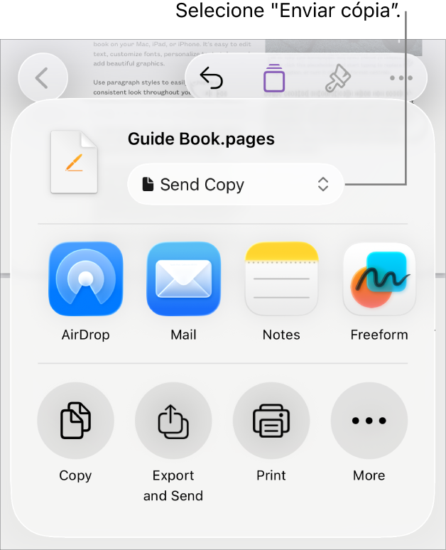 O menu “Partilhar” com “Enviar cópia” selecionada na parte superior.