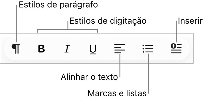 A barra de formatação rápida a mostrar ícones para estilos de parágrafo, estilos de digitação, alinhamento do texto, marcas e listas e elementos de inserção.