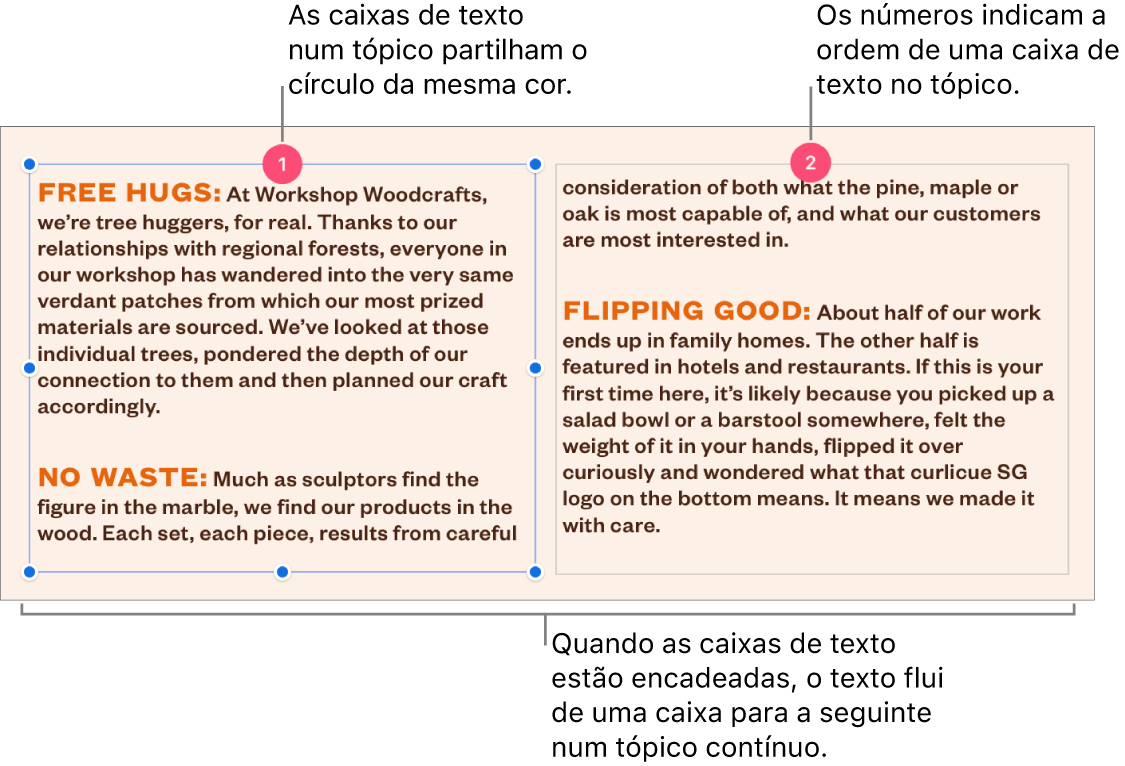 Duas caixas de texto com círculos roxos na parte superior e os números 1 e 2 nos círculos.