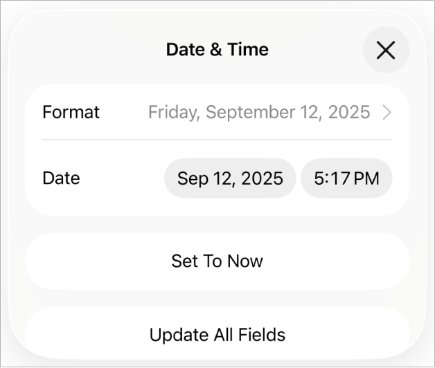 Os controlos “Data e hora” a mostrar um menu pop-up para "Formatação” da data e os botões “Definir para agora” e “Atualizar todos os campos”.