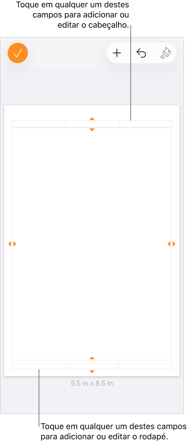 A vista “Mais opções” com três campos na parte superior do documento para cabeçalhos e três campos na parte inferior para rodapés.