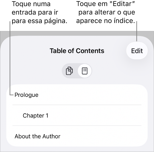 A vista de índice com títulos numa lista. No canto superior direito está o botão "Editar” e na parte inferior estão os botões “Miniaturas das páginas” e Índice.