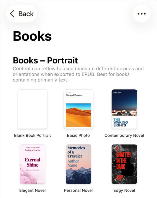 A lista de modelos com os modelos de livro na orientação vertical na parte superior e a orientação horizontal por baixo.