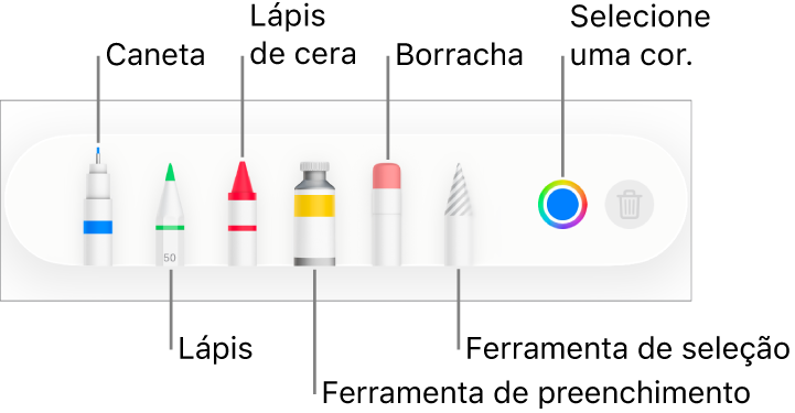 As barra de ferramentas de desenho no Pages no iPhone com uma caneta, lápis, lápis de cera, ferramenta de preenchimento, borracha, ferramenta de seleção e o seletor de cores a apresentar a cor atual.