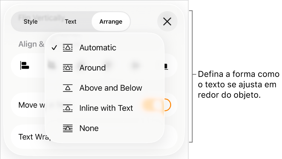Os controlos “Ajuste de texto” com definições para Automático, “À volta”, “Por cima e por baixo”, “Incorporado com texto” e Nenhum.