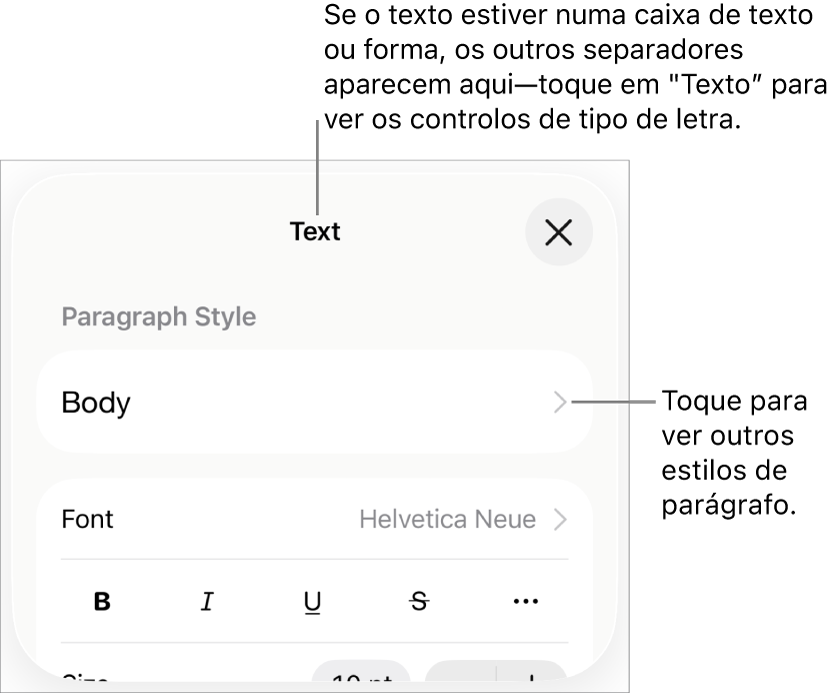 O menu "Formatação” a apresentar controlos de texto para definir estilos de parágrafo e carácter, tipo de letra, tamanho e cor.