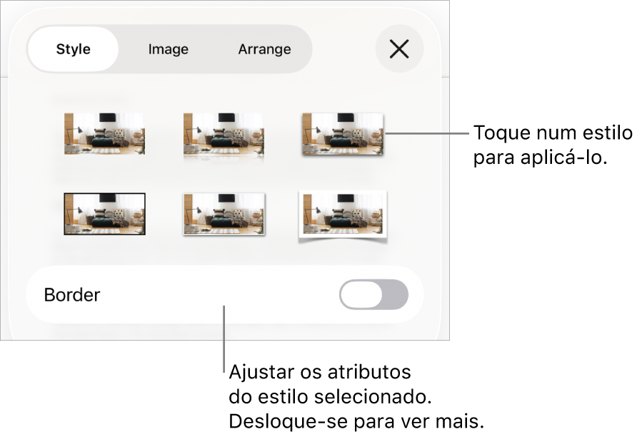 O separador “Estilo” do menu "Formatação” com estilos de objeto na parte superior e um controlo por baixo para alterar a borda.