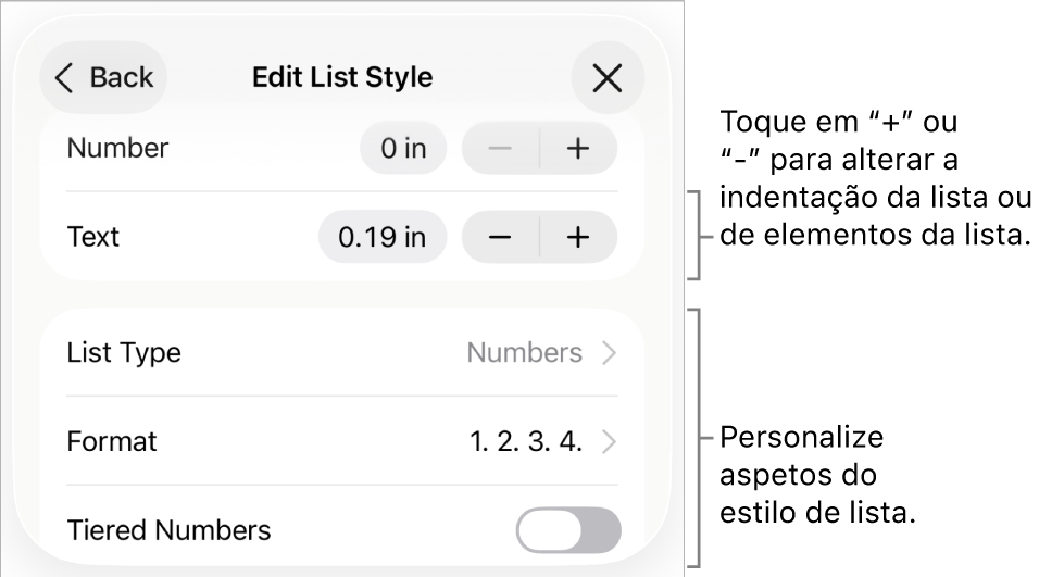 O menu “Editar estilo de lista” com controlos para espaçamento, tipo de lista e formatação, números por escalões e espaçamento entre linhas.