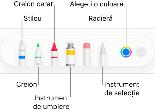 Bara de instrumentele pentru desen din Pages pe iPhone cu stilou, creion, creion cerat, instrument de umplere, radieră, instrument de selecție și sursă de culoare afișând culoarea curentă.