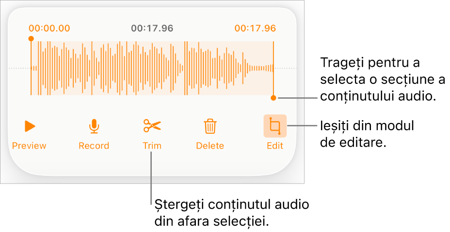 Comenzile pentru editarea conținutului audio înregistrat. Mânerele indică secțiunea selectată a înregistrării și butoanele pentru previzualizare, înregistrare, scurtare, ștergere și modul de editare se află mai jos.