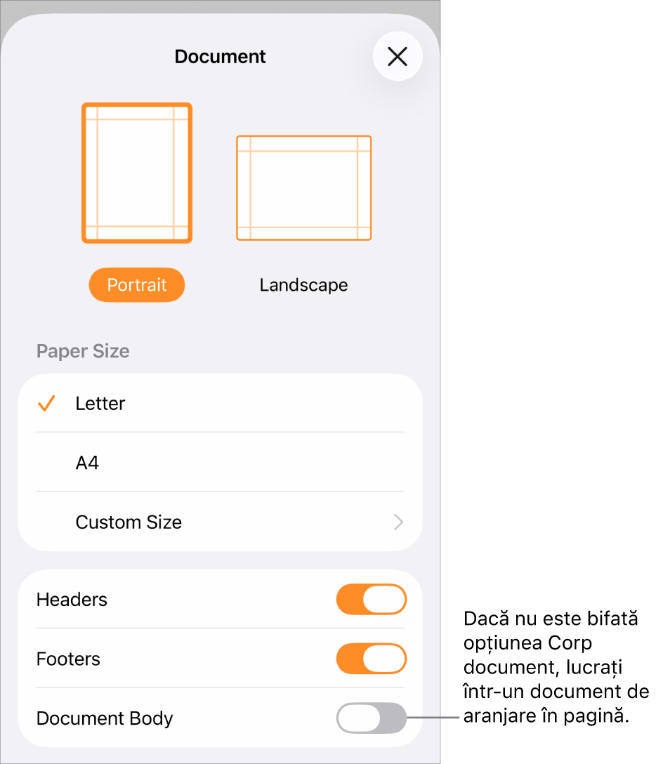 Meniul Configurare document deschis, cu opțiunea Corp document debifată într-un document de aranjare în pagină.