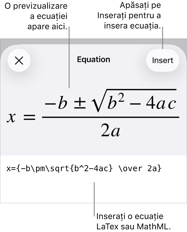 Caseta de dialog Ecuație, afișând o ecuație scrisă cu ajutorul comenzilor MathML și, deasupra, o previzualizare a formulei.