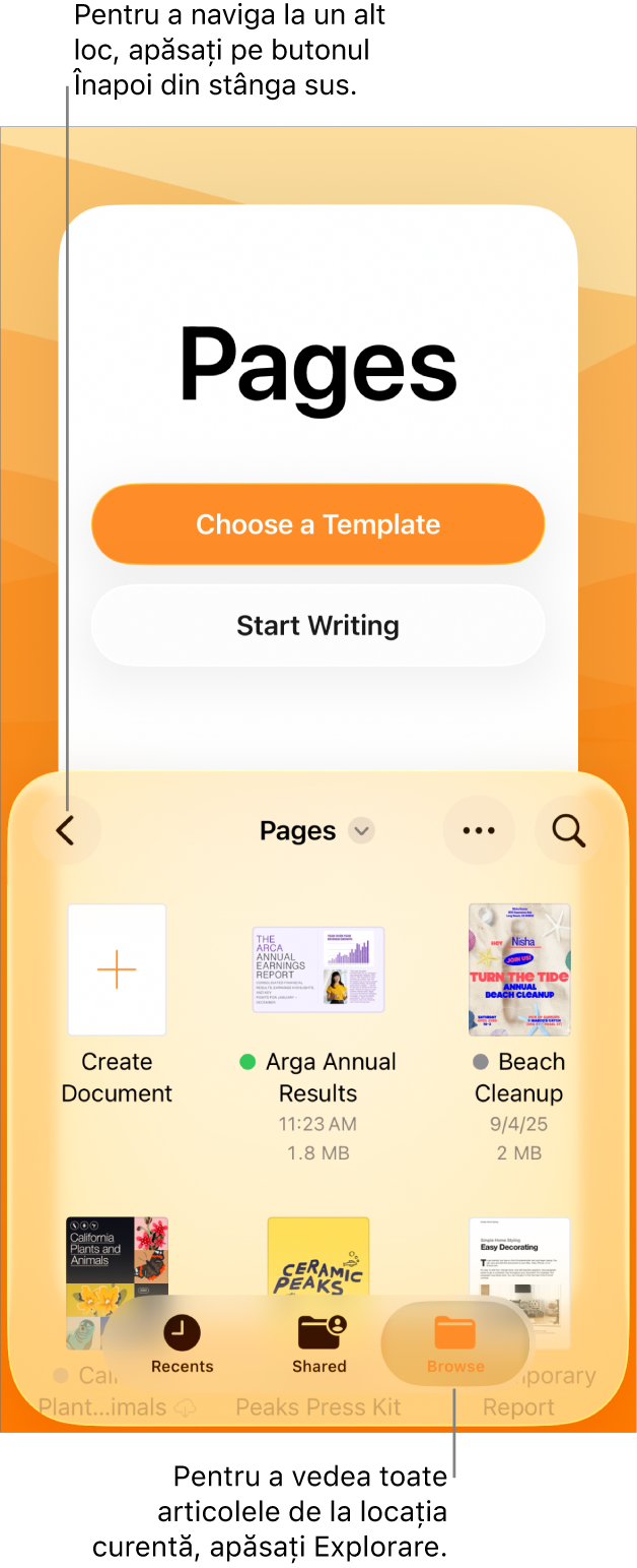 Vizualizarea de explorare a managerului de documente cu butonul Înapoi în colțul din stânga sus și sub acesta un câmp Căutare. Sub câmpul de căutare se află un buton Creează un document lângă miniaturile documentelor existente. În colțul din dreapta sus se află butonul Adaugă un document și butonul Altele. În partea de jos a ecranului sunt butoanele Recente, Partajate și Explorează.
