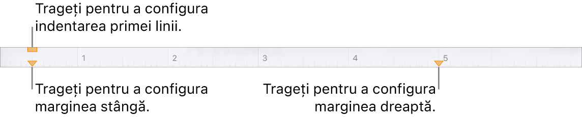 Rigla, cu explicații pentru marcajul de margine stânga, marcajul de indentare a primei linii și marcajul de margine dreapta.