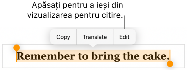 O propoziție este selectată și deasupra acesteia se află un meniu contextual cu butoanele Copiați și Editați.