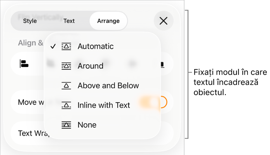 Comenzile Încadrare text cu configurări pentru Automat, De jur-împrejur, Sus și jos, Intern cu text și Nimic.