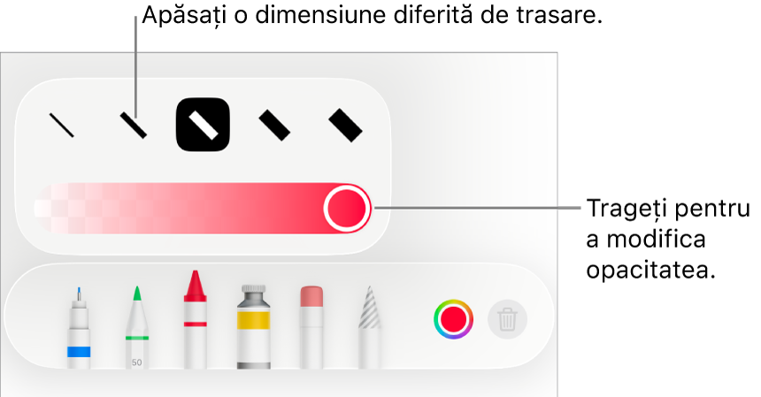 Comenzile pentru alegerea unei dimensiuni de trasare și un glisor pentru ajustarea opacității.