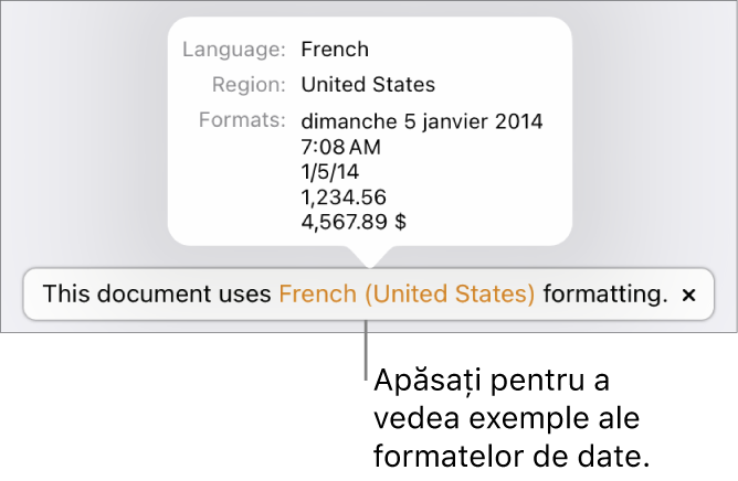 Notificarea privind configurarea limbii și regiunii diferite, afișând exemple de formatare în limba și regiunea respectivă.