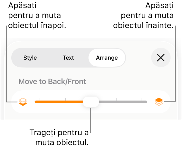 Butonul Deplasare înapoi, butonul Deplasare înainte și glisorul pentru straturi.