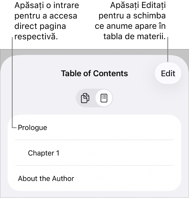 Vizualizarea tablei de materii, cu colontitlurile sub formă de listă. Un buton Editează se află în colțul dreapta sus, iar în partea de jos se află butoanele Miniaturi pagini și Tablă de materii.