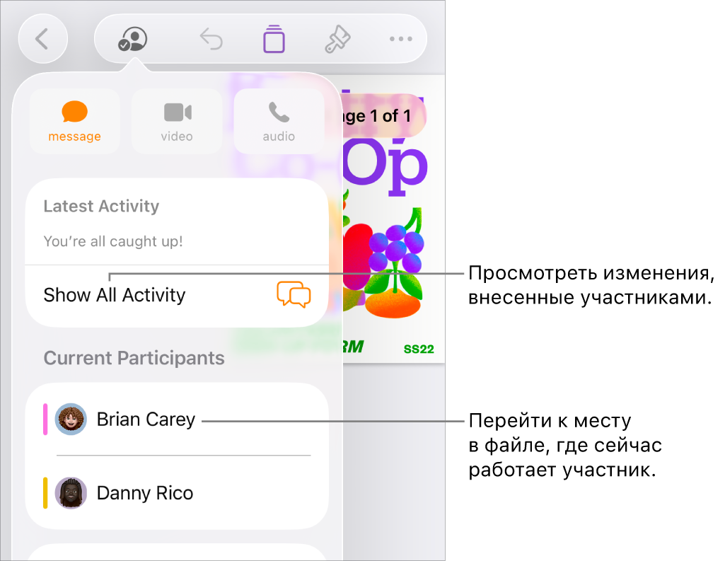 В меню совместной работы показаны активные участники.
