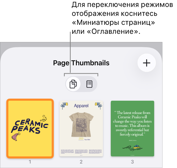 Панель «Миниатюры страниц» с миниатюрами каждой страницы. Кнопка «Миниатюры страниц» и кнопка «Оглавление» отображаются внизу экрана.