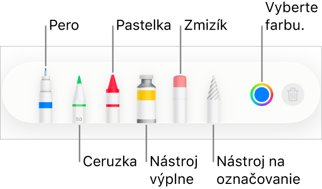 Panel s nástrojmi kreslenia v Pages na iPhone s perom, ceruzkou, pastelkou, výplňou, zmizíkom, nástrojom výberu a vzorkovníkom farieb zobrazujúcim aktuálnu farbu.