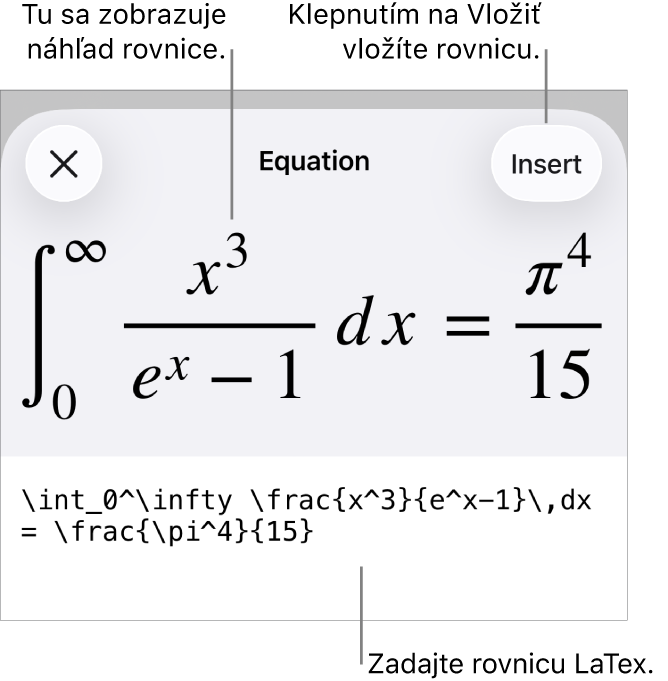Dialógové okno Rovnica zobrazujúce rovnicu napísanú pomocou príkazov LaTeX, vyššie sa nachádza náhľad vzorca.
