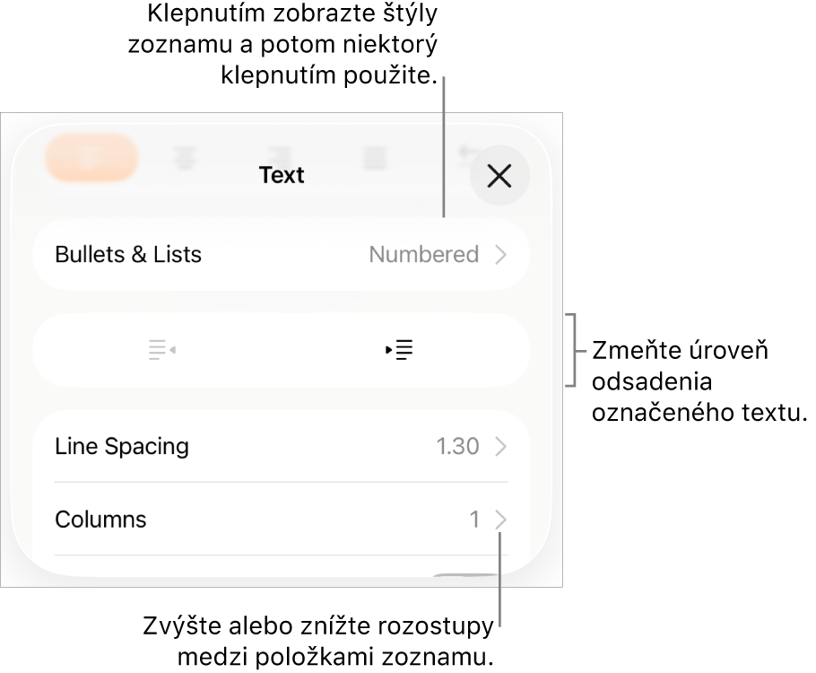 Sekcia Odrážky a zoznamy ovládacích prvkov Formát s bublinami popisujúcimi položku Odrážky a zoznamy, tlačidlami odsadenia a ovládacími prvkami na nastavenie medzery medzi riadkami.