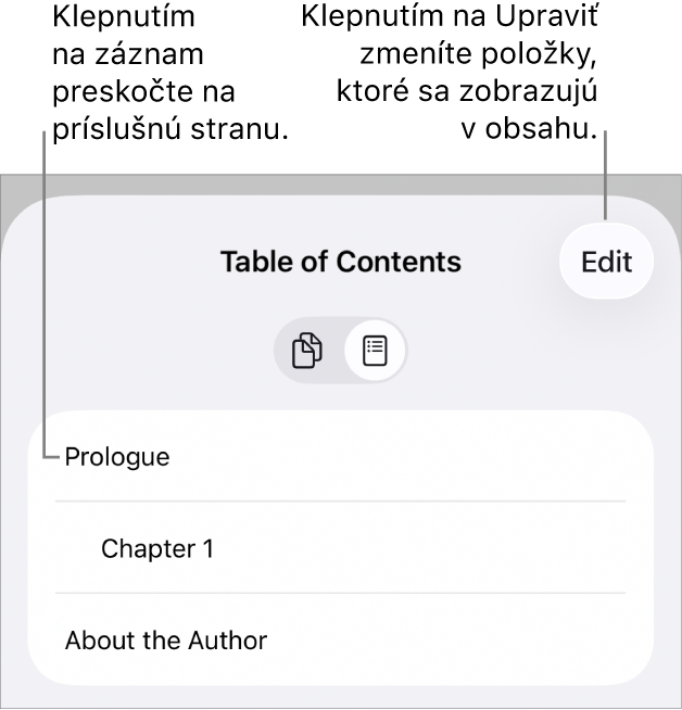 Zobrazenie obsahu s nadpismi zobrazenými vo forme zoznamu. Tlačidlo Upraviť sa nachádza v pravom hornom rohu a v dolnom rohu sa nachádzajú tlačidlá Miniatúry strán a Obsah.