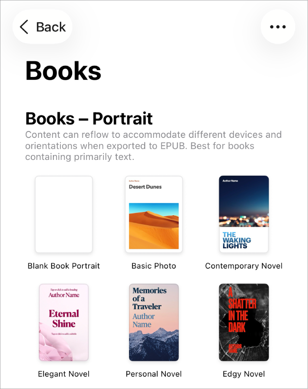 Výber šablón so šablónami kníh v orientácii na výšku v hornej časti a v orientácii na výšku nižšie.