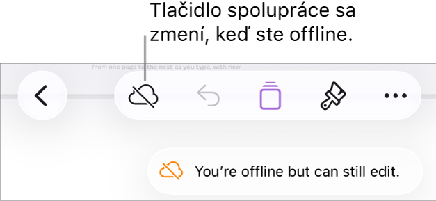 Tlačidlá v hornej časti obrazovky s tlačidlom Spolupráca zmeneným na obláčik s diagonálnou čiarou. Upozornenie na obrazovke s oznámením Ste offline, ale naďalej môžete upravovať.