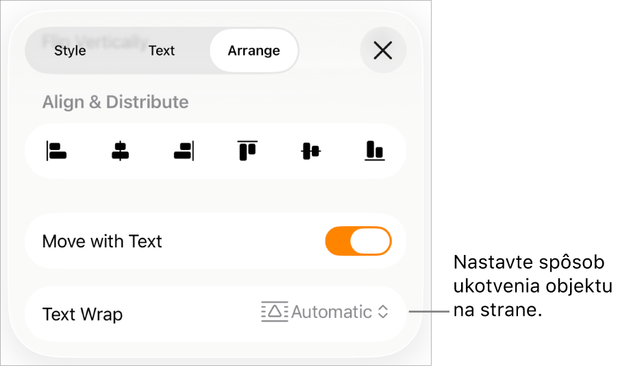 Ovládacie prvky usporiadania s možnosťami Presunúť s textom a Obtekanie textu.