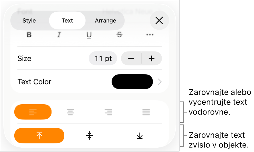 Panel Rozloženie s bublinami popisujúcimi tlačidlá zarovnania textu a tlačidlá na nastavenie medzier.