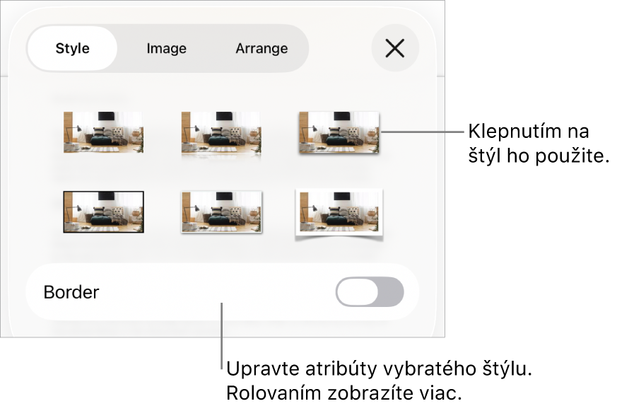 Záložka Štýl menu Formát so štýlmi objektov v hornej časti a ovládacím prvkom pod nimi s možnosťou zmeny okraja.