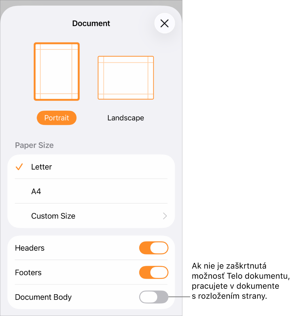 V dokumente s rozložením strany je otvorená časť Nastavenie dokumentu s odškrtnutou možnosťou Telo dokumentu.