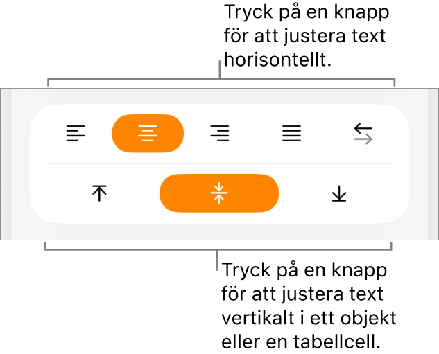 Knapparna för horisontell eller vertikal justering av text.