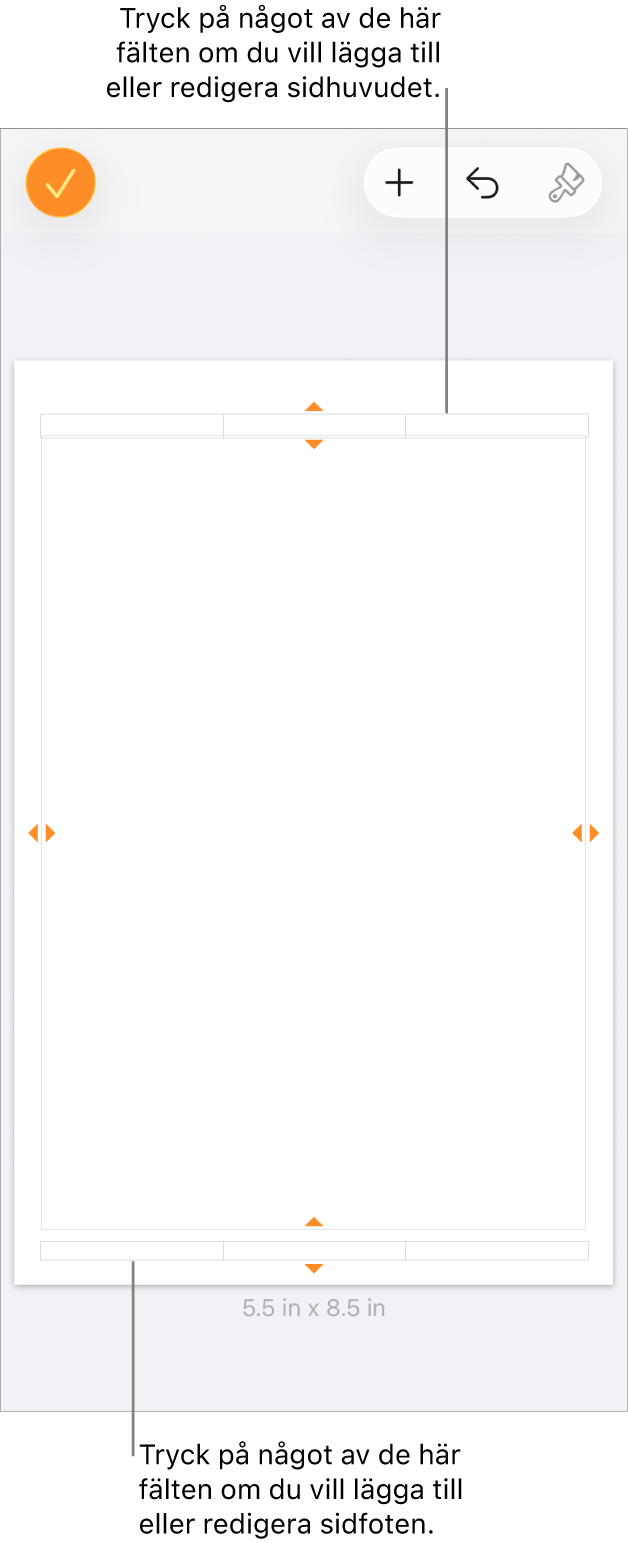 Vyn Fler alternativ med tre fält överst i dokumentet för sidhuvuden och tre fält längst ned för sidfötter.