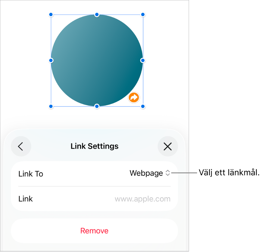 Reglage för länkinställningar med Webbsida markerat och knappen Ta bort längst ned.