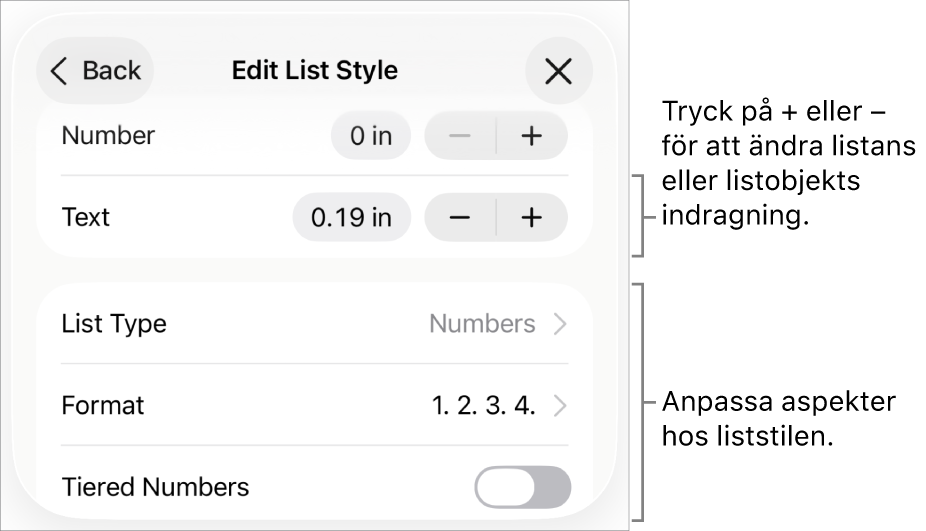 Menyn Redigera liststil med reglage för indragningsavstånd, listtyp och format, hierarkisk numrering och radavstånd.