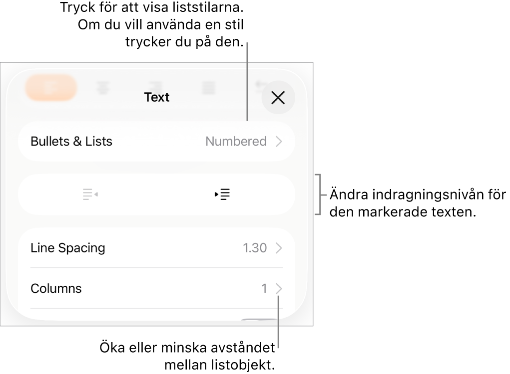 Avsnittet Punkter och listor i formatreglagen med streck som pekar på Punkter och listor, knapparna för indrag och minskat indrag samt reglage för radavstånd.