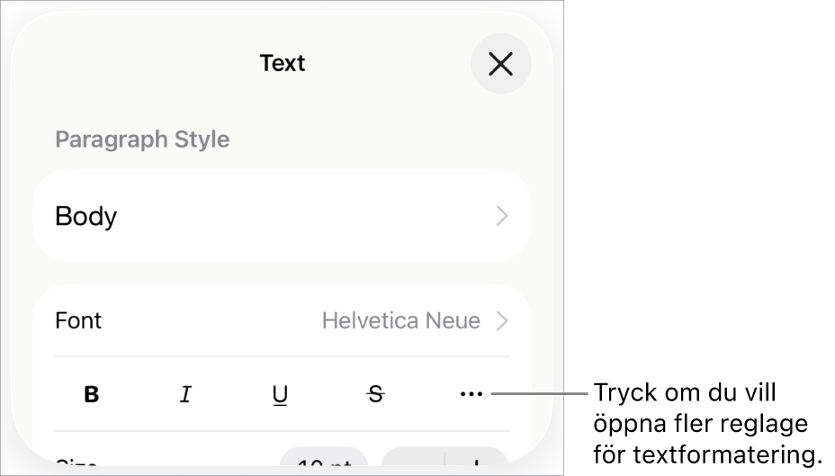 Fliken Text i formatreglagen, med en linje som pekar på knappen Fler textalternativ.