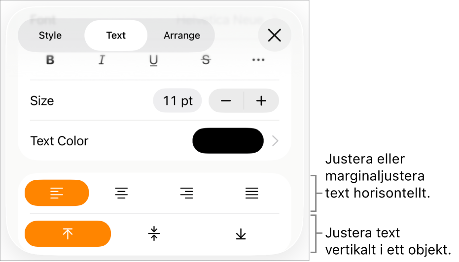 Panelen Layout med linjer som pekar på knapparna för textjustering och mellanrum.