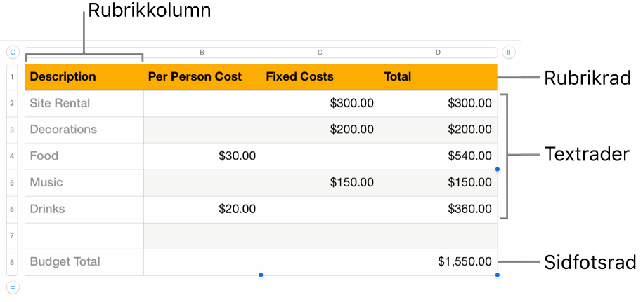 En tabell med rubrikrader och -kolumner, textrader och -kolumner, och sidfotsrader.