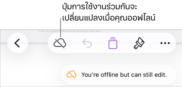 ปุ่มต่างๆ ด้านบนสุดของหน้าจอ ซึ่งมีปุ่มการใช้งานร่วมกันที่เปลี่ยนเป็นรูปเมฆที่มีเส้นทแยงมุมทะลุผ่าน การเตือนบนหน้าจอแจ้งว่า “คุณออฟไลน์อยู่แต่ยังคงสามารถแก้ไขได้”