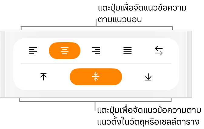 ปุ่มการจัดแนวแนวนอนและแนวตั้งสำหรับข้อความ