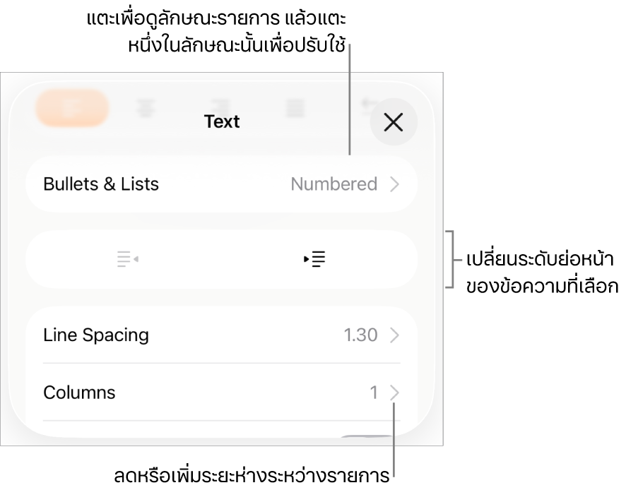 ส่วนสัญลักษณ์ย่อยและรายการของตัวควบคุมรูปแบบที่มีคำบรรยายสำหรับสัญลักษณ์ย่อยและรายการ ปุ่มการเยื้องออกและการเยื้องเข้า และตัวควบคุมระยะห่างบรรทัด