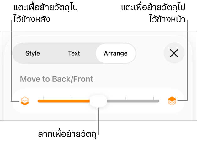ปุ่มย้ายถอยหลัง ปุ่มย้ายไปข้างหน้า และแถบเลื่อนเลเยอร์